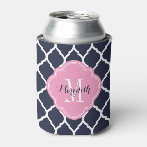 Navy Blue and Pink Moroccan Quatrefoil Monogram Can Cooler