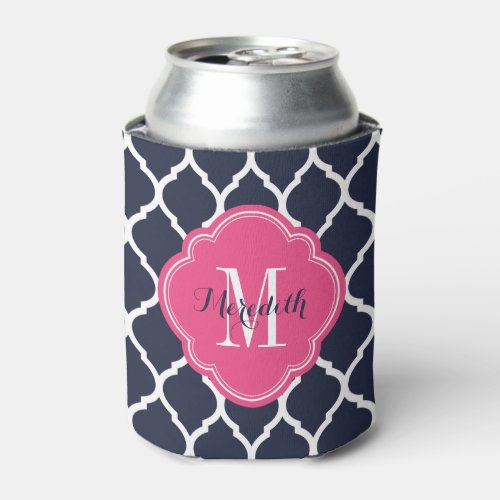 Navy Blue and Pink Moroccan Quatrefoil Monogram Can Cooler