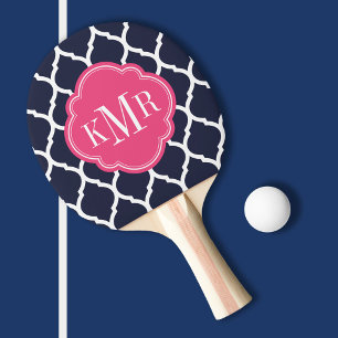 Navy Blue and Pink Moroccan Quatrefoil Monogram Ping-Pong Paddle