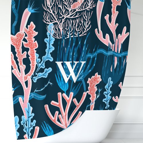 Shower Curtains 6 Navy Blue And Pink Ocean Coral Monogram Nautical Shower Curtain