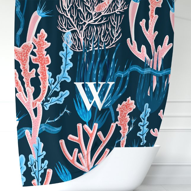 Navy Blue and Pink Ocean Coral Monogram Nautical Shower Curtain (Creator Uploaded)