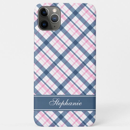 Navy Blue and PInk Plaid Pattern iPhone 11 Pro Max Case