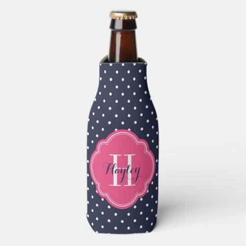 Navy Blue and Pink Polka Dots Monogram Bottle Cooler