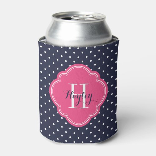 Navy Blue and Pink Polka Dots Monogram Can Cooler