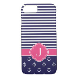 Navy Blue and Pink Preppy Nautical Custom Monogram iPhone 8/7 Case
