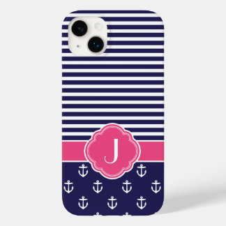 Navy Blue and Pink Preppy Nautical Monogram Case-Mate iPhone 14 Plus Case