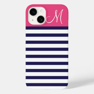 Navy Blue and Pink Preppy Stripes Custom Monogram Case-Mate iPhone 14 Case