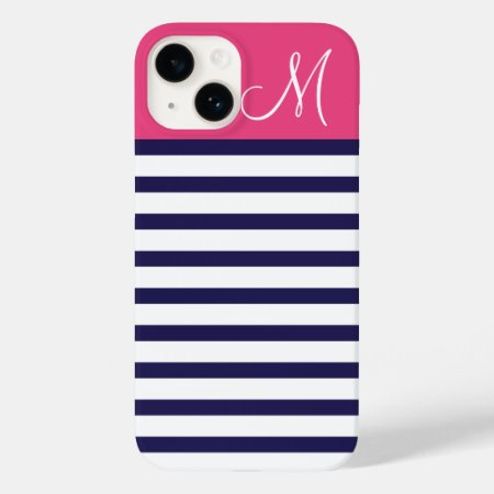 Navy Blue And Pink Preppy Stripes Custom Monogram Case-mate Iphone 14 