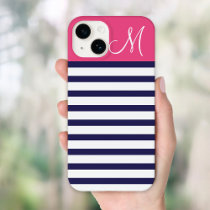 Navy Blue and Pink Preppy Stripes Custom Monogram iPhone 13 Case