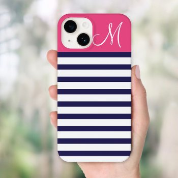 Navy Blue And Pink Preppy Stripes Custom Monogram Iphone 13 Case by jenniferstuartdesign at Zazzle