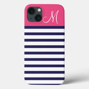Navy Blue and Pink Preppy Stripes Custom Monogram iPhone 13 Case