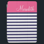 Navy Blue and Pink Preppy Stripes Custom Monogram iPad Air Cover<br><div class="desc">Cute girly trendy chic nautical stripe pattern personalized with your custom monogram name or initials in a colorblock frame. Click the Customize It button to change monogram fonts and colors to create a unique one of a kind design.</div>
