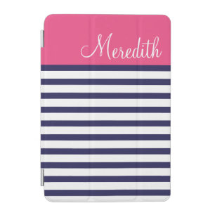 Navy Blue and Pink Preppy Stripes Custom Monogram iPad Mini Cover