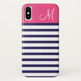 Navy Blue and Pink Preppy Stripes Custom Monogram iPhone X Case