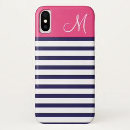 Navy Blue and Pink Preppy Stripes Custom Monogram iPhone X Case