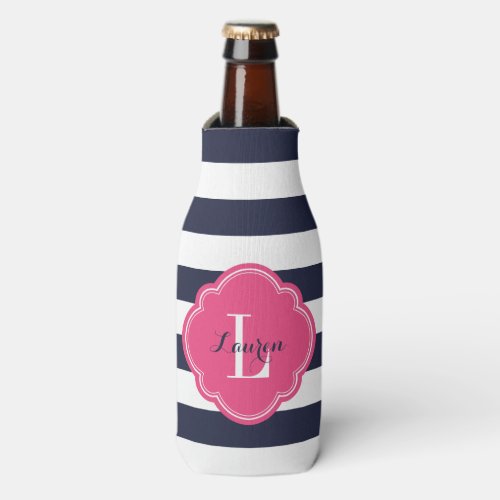 Navy Blue and Pink Preppy Stripes Monogram Bottle Cooler