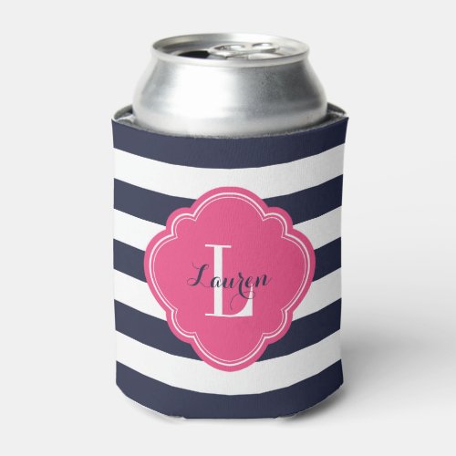 Navy Blue and Pink Preppy Stripes Monogram Can Cooler