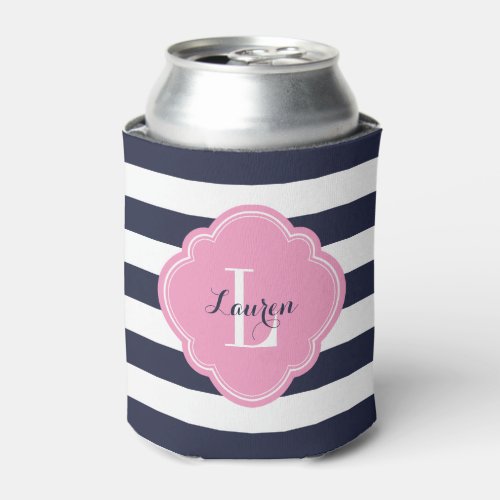 Navy Blue and Pink Preppy Stripes Monogram Can Cooler