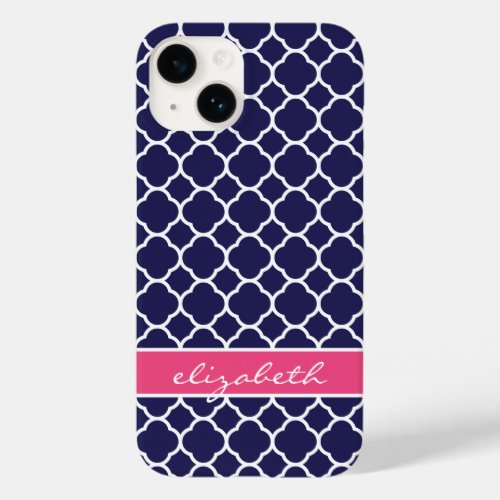 Navy Blue and Pink Quatrefoil Monogram Case_Mate iPhone 14 Case