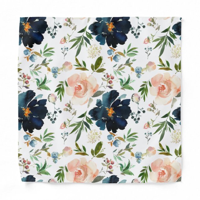 Navy Blue and Pink Roses Floral Pocket Square Bandana (Front)