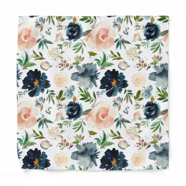 Navy Blue and Pink Roses Floral Pocket Square Bandana (Front)
