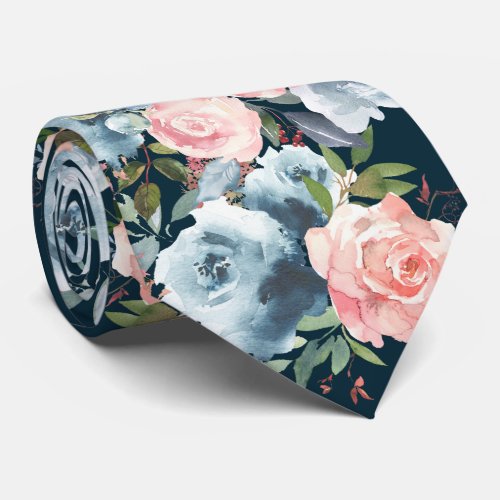 Navy Blue and Pink Roses Flowers Floral Neck Tie