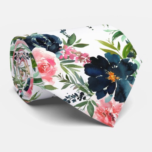 Navy Blue and Pink Roses Flowers Floral Neck Tie