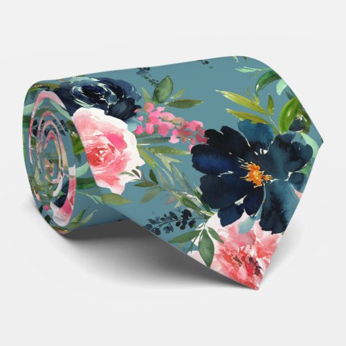 Navy Blue and Pink Roses Flowers Floral Neck Tie