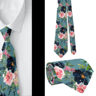 Navy Blue and Pink Roses Flowers Floral Neck Tie
