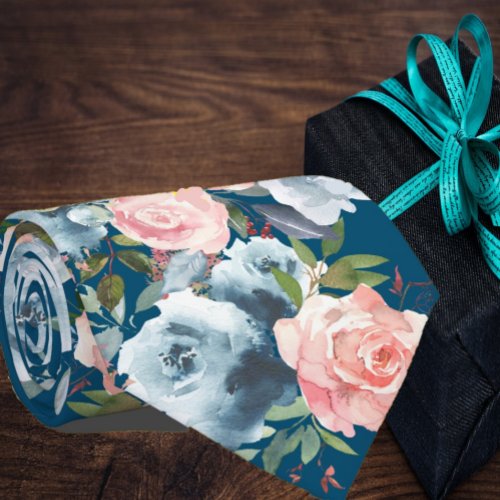 Navy Blue and Pink Roses Flowers Floral Neck Tie