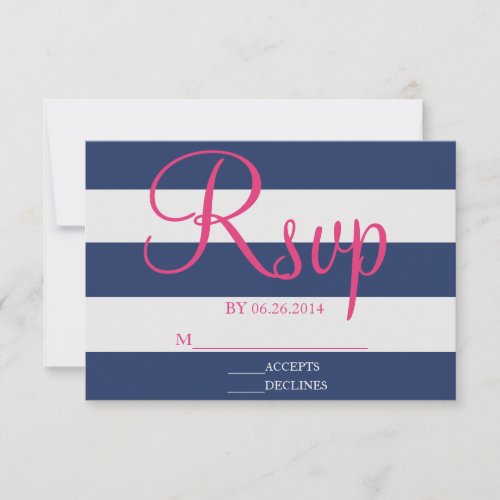 Navy Blue and Pink Stripe RSVP Card