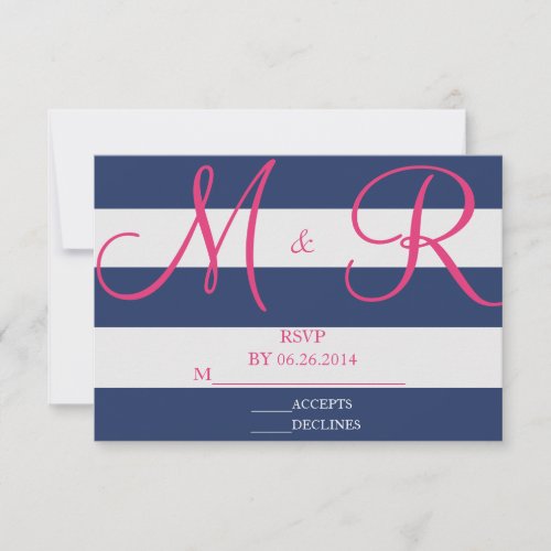 Navy Blue and Pink Stripe RSVP Card