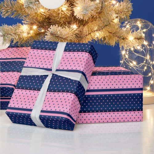 Navy Blue and Pink Stripes and Polka Dots Wrapping Paper