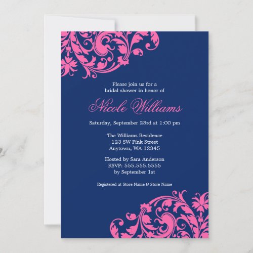 Navy Blue and Pink Swirl Flourish Bridal Shower Announcements