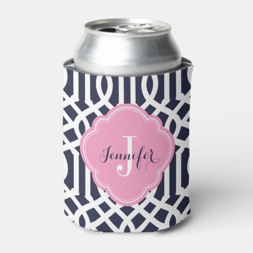 Navy Blue and Pink Trellis Monogram Can Cooler