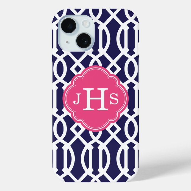 Navy Blue and Pink Trellis Monogram Case-Mate iPhone Case (Back)