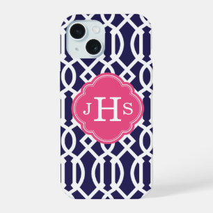 Navy Blue and Pink Trellis Monogram iPhone 15 Case