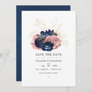 Navy Blue and Pink Vintage Roses Wedding Photo Save The Date