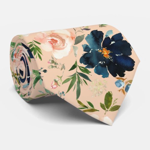 Navy Blue and Pink Watercolor Floral Roses  Neck T Neck Tie