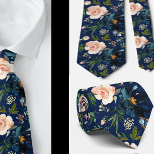 Navy Blue and Pink Watercolor Floral Roses Neck T Neck Tie