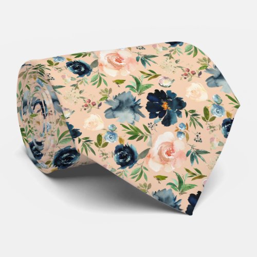 Navy Blue and Pink Watercolor Floral Roses Neck Ti Neck Tie