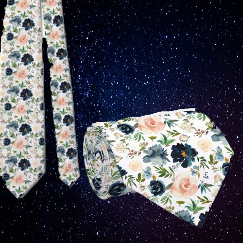 Navy Blue and Pink Watercolor Floral Roses Neck Tie