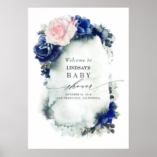 Navy Blue and Pink Watercolor Floral Welcome Sign