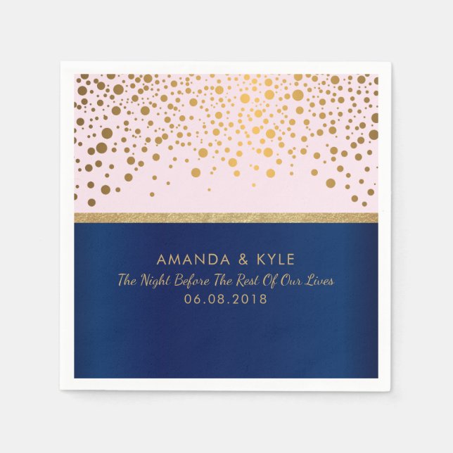 Navy Blue and Pink with Gold Confetti Dot Design Paper Napkins (Front)