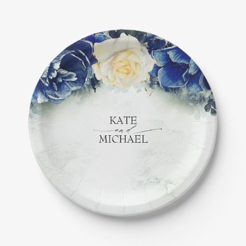 Navy Blue and Primrose Yellow Floral Wedding Paper Plates