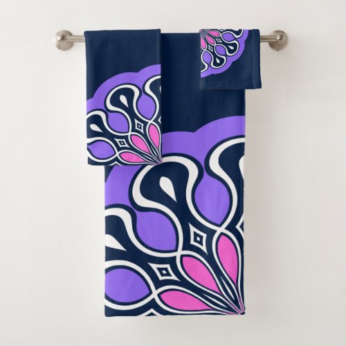 Navy Blue and Purple Abstract Modern Mandala Bath Towel Set