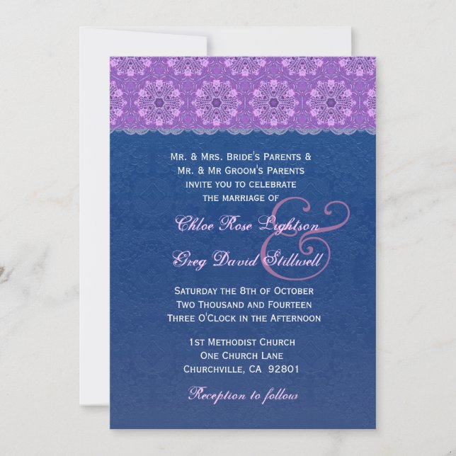 Navy Blue and Purple Flower Lace Wedding F329 Invitation (Front)