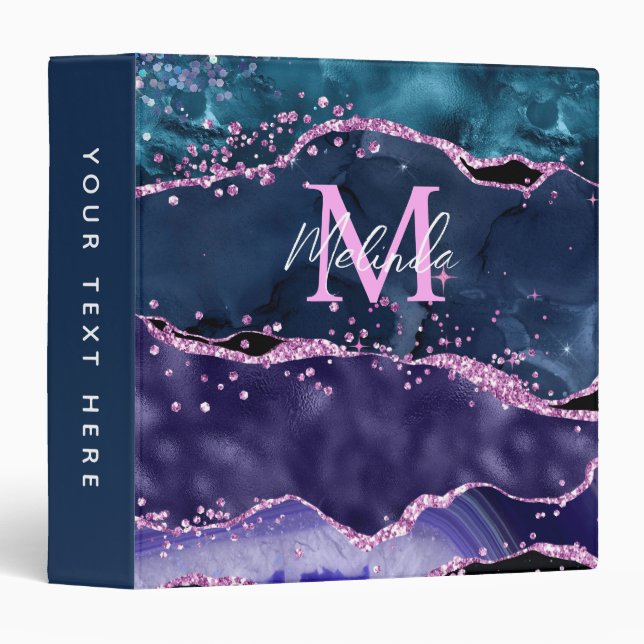 Navy Blue and Purple Glitter Ocean Agate 3 Ring Binder (Front/Spine)