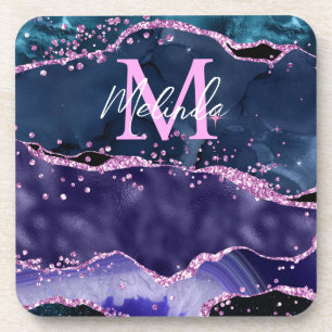 Navy Blue and Purple Glitter Ocean Agate Beverage Coaster