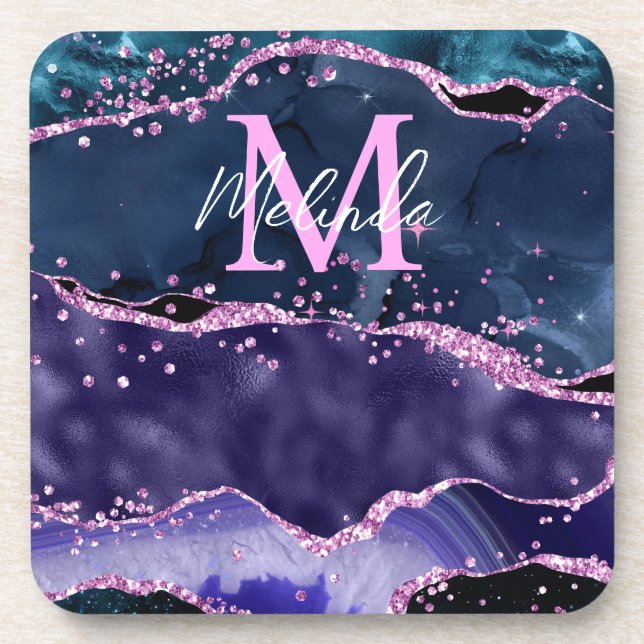 Navy Blue and Purple Glitter Ocean Agate Beverage Coaster (Front)
